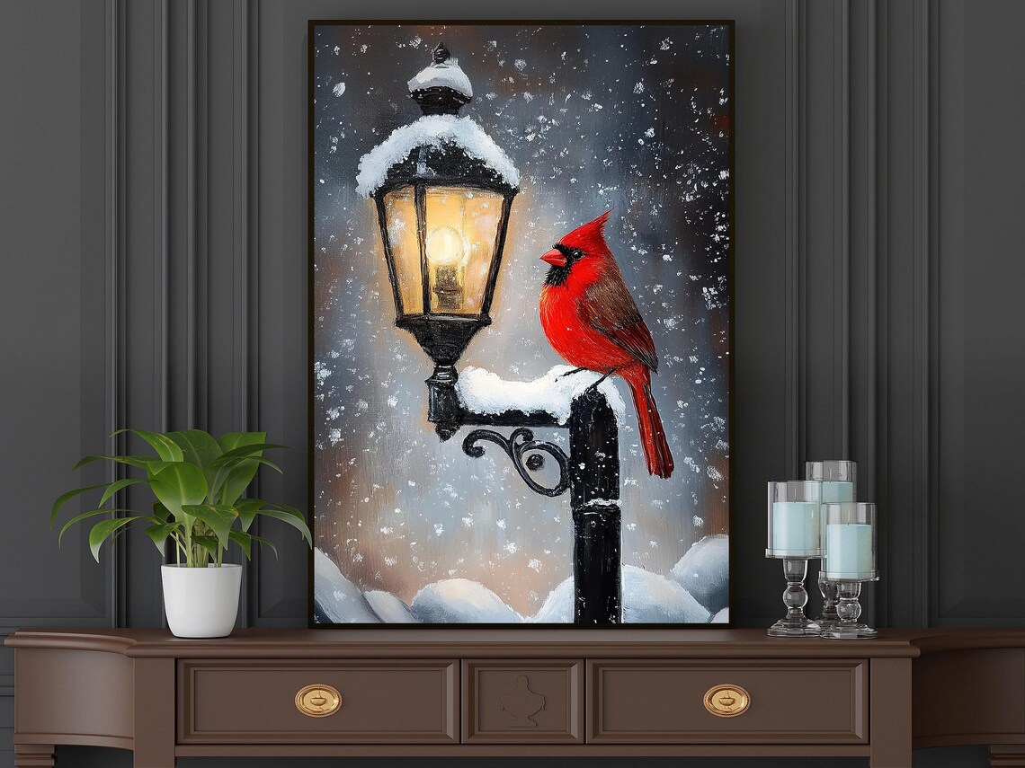 Red Cardinal Perched On Snowy Vintage Lamppost In Falling Snow Poster - Image 6