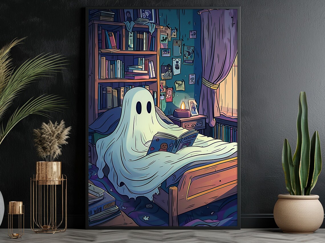 Cute Ghost Reading Book Cozy Bedroom Night Cartoon Halloween Art Poster - Image 3