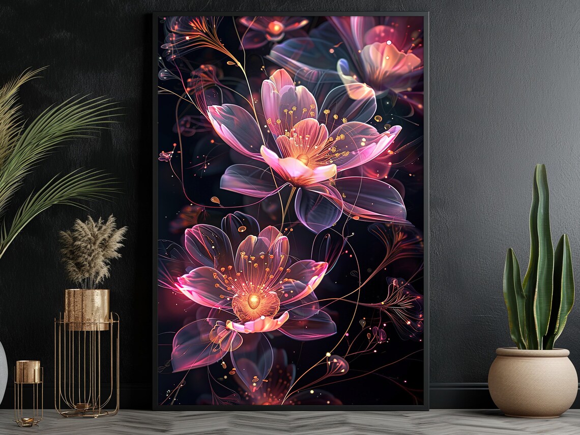 Glowing Neon Pink Purple Flowers On Black Botanical Modern Art Poster - Image 4