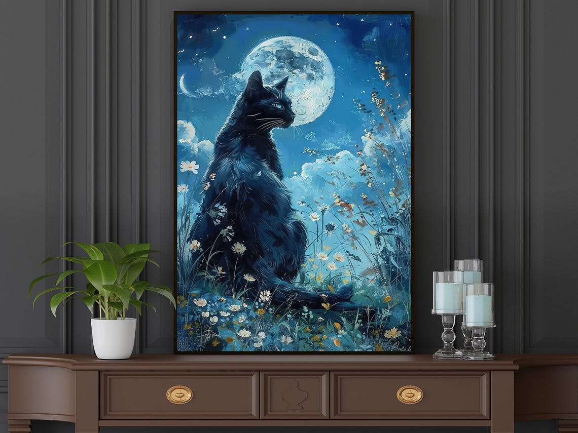 Black Cat Under Full Moon Night Wildflowers Mystical Art Poster - Image 4