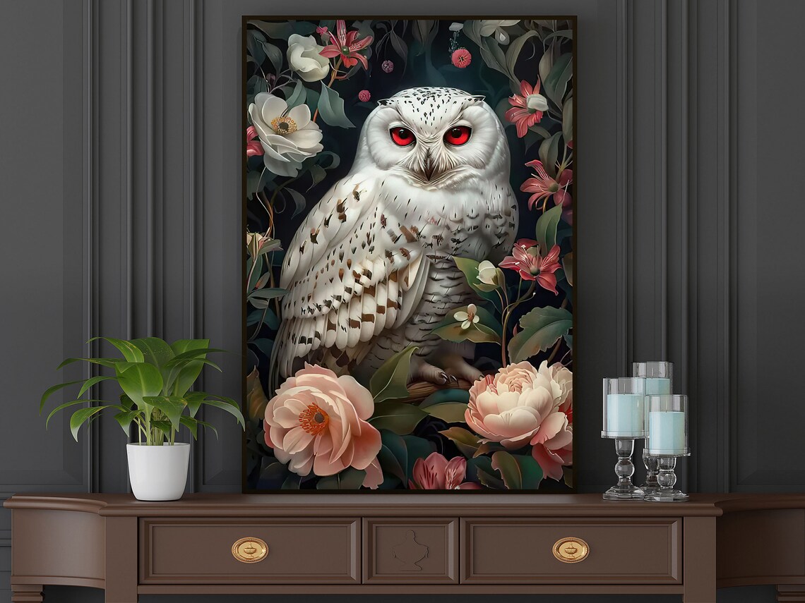 White Owl Red Eyes Gothic Floral Moody Dark Botanical Art Poster - Image 4