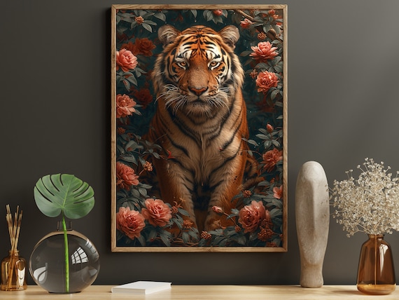 Majestic Tiger In Red Rose Garden Dark Botanical Realistic Wildlife Poster