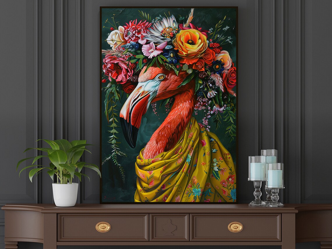 Pink Flamingo Flower Crown Floral Shawl Tropical Bird Art Poster - Image 4