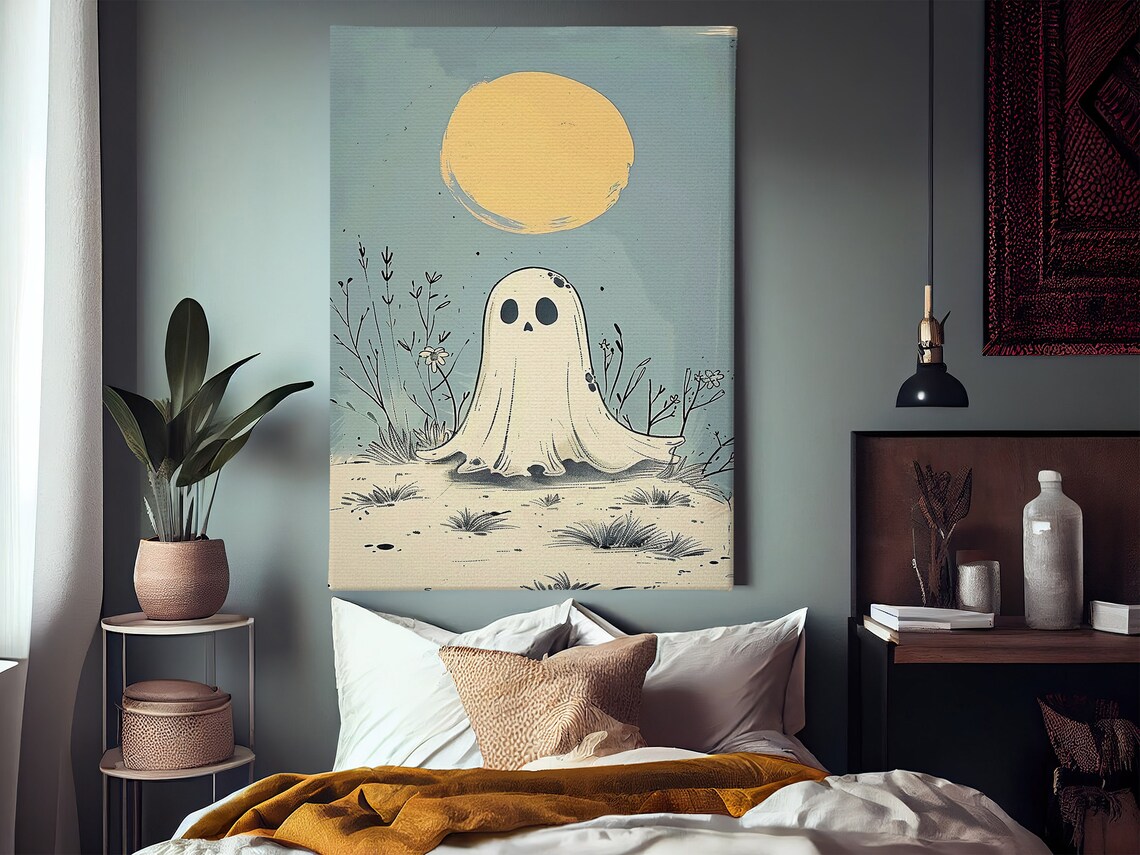 Cute Ghost Under Big Moon Minimalist Pastel Halloween Nursery Art Poster - Image 2