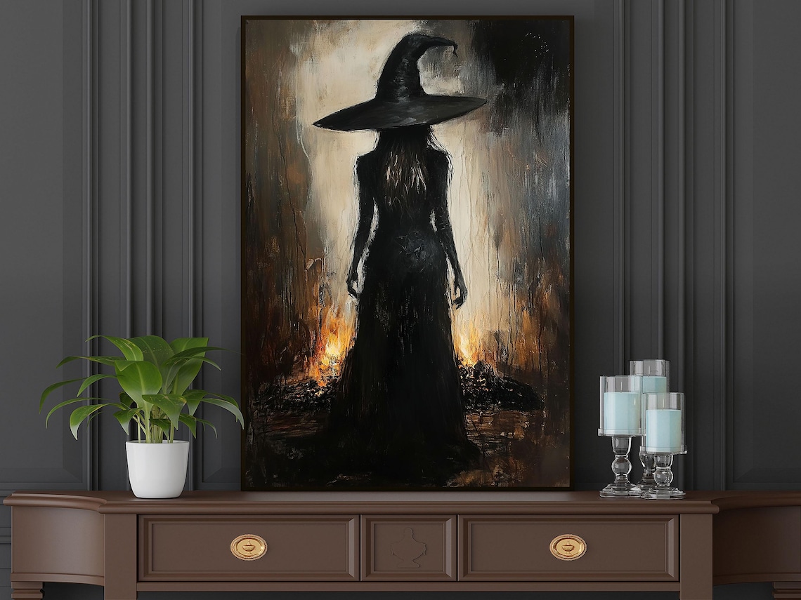 Witch Silhouette Pointed Hat Forest Fire Painterly Dark Halloween Art Poster - Image 5