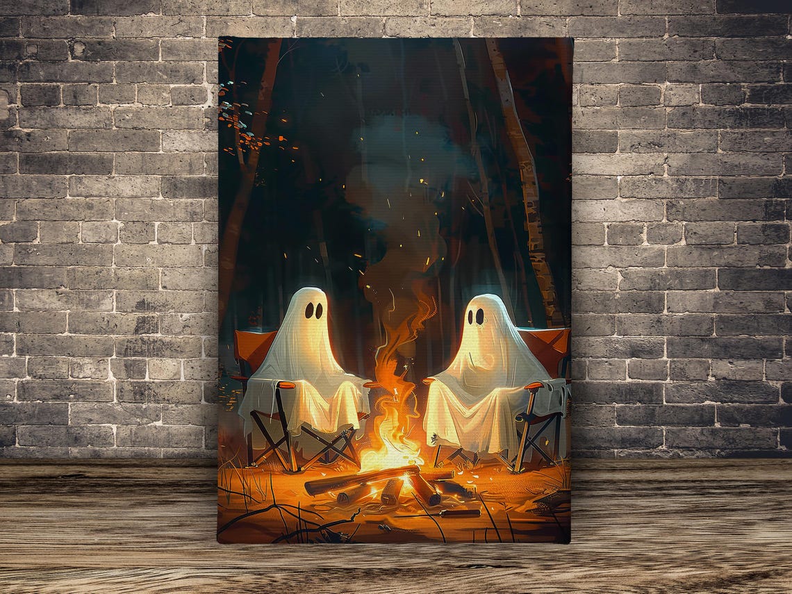 Couple Ghosts Camping Around Campfire Cute Spooky Halloween Poster - Image 2