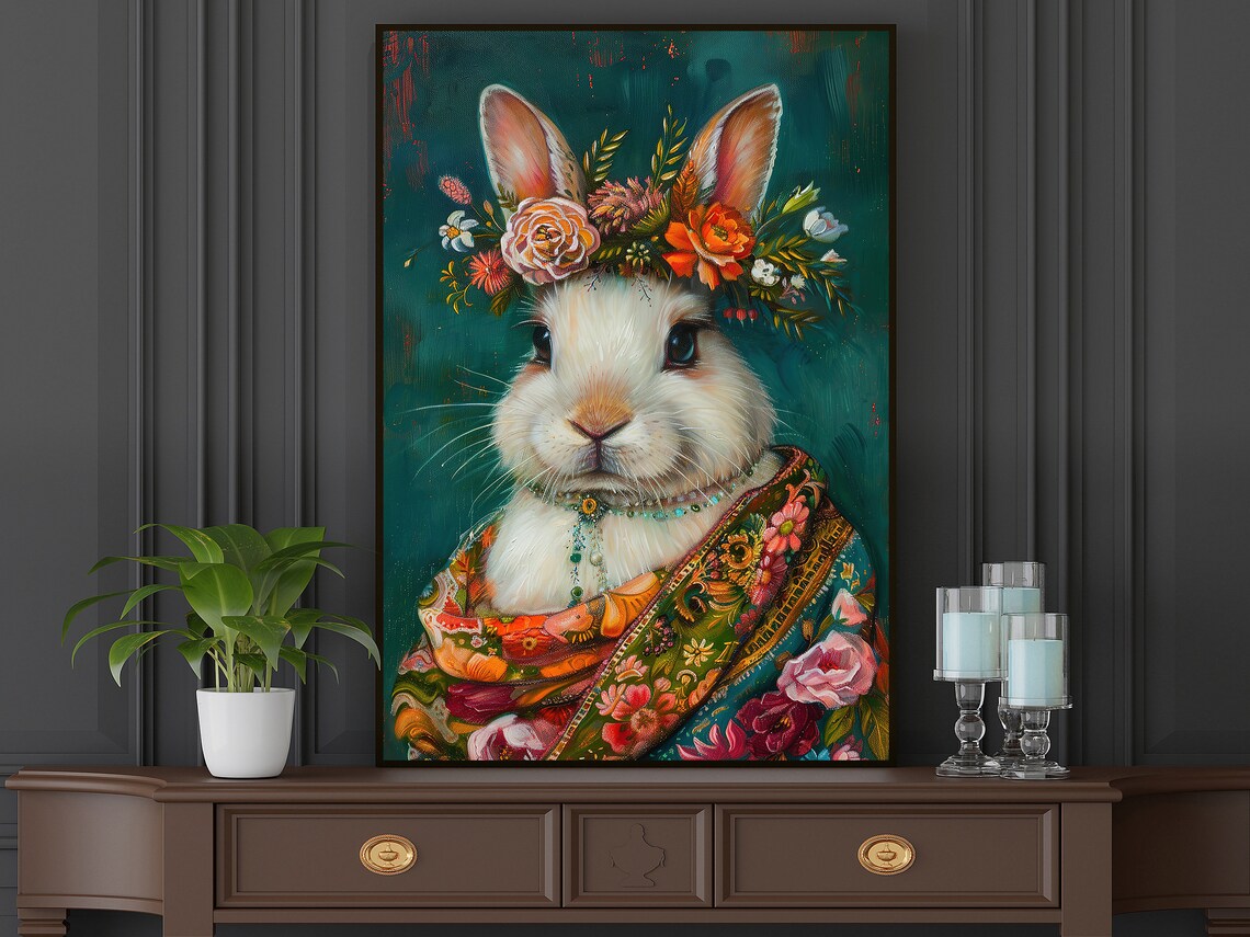 White Rabbit Flower Crown Floral Shawl Maximalist Animal Poster - Image 5