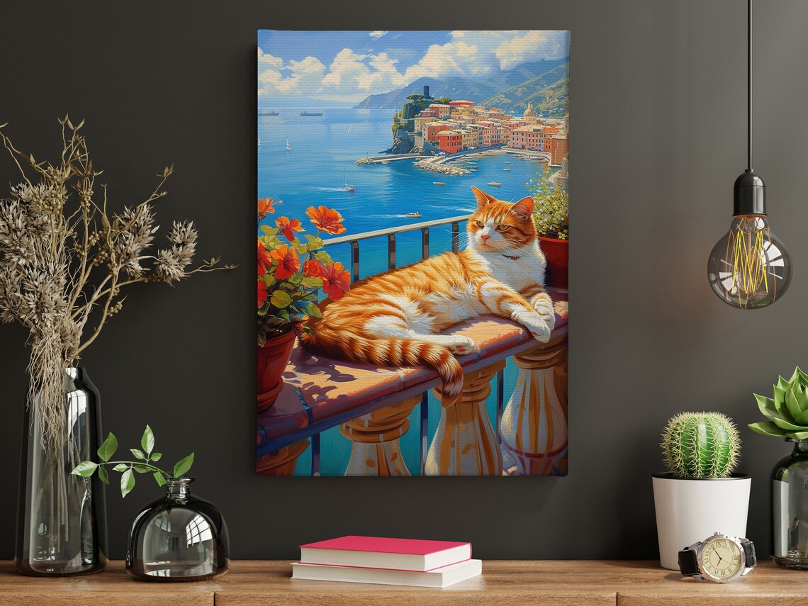 Orange Cat Sunbathing On Coastal Balcony Mediterranean Town Art Poster - Image 3