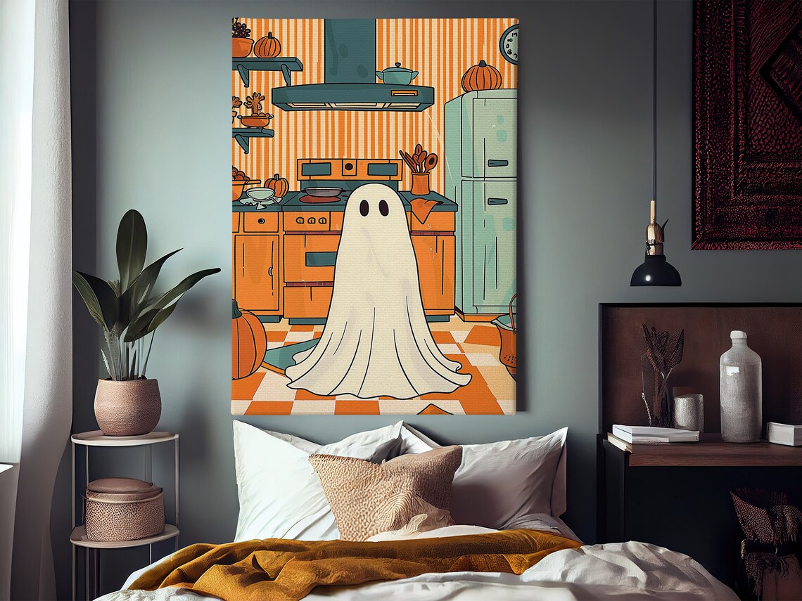 Cute Ghost In Retro Orange Kitchen Pumpkins Halloween Illustration Poster - Image 2