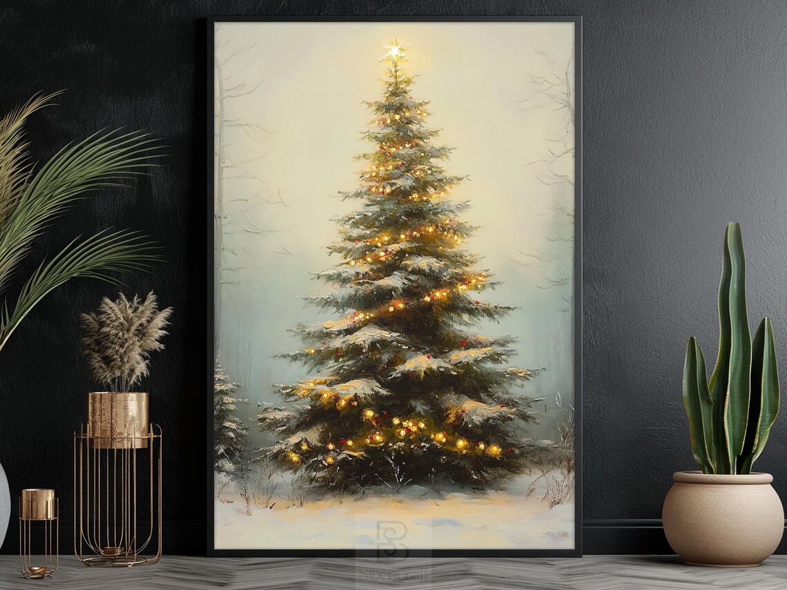 Vintage Christmas Tree Painting, Holiday Poster