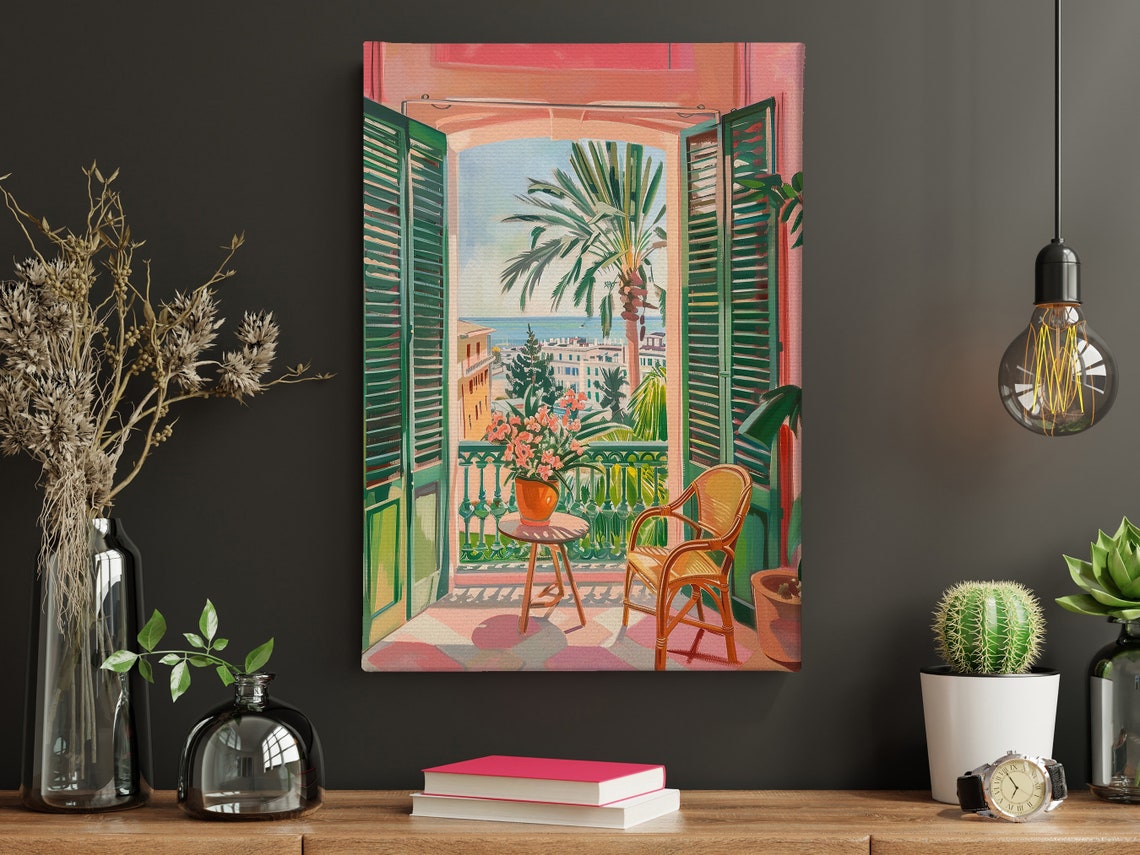 Matisse Style Palm Tree Balcony Sea View Green Shutters Wall Poster - Image 4