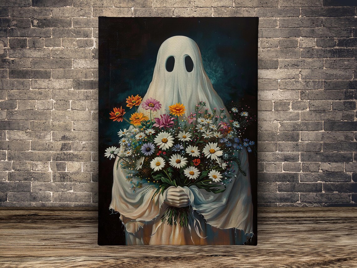 Sweet Ghost Holding Big Bouquet of Wildflowers Dark Floral Art Poster - Image 2