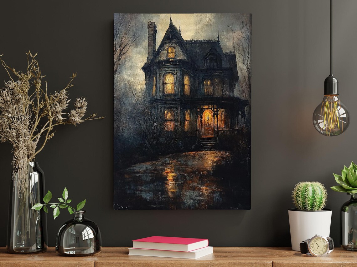Victorian Haunted Mansion Night Glowing Amber Windows Misty Water Reflection Poster - Image 5