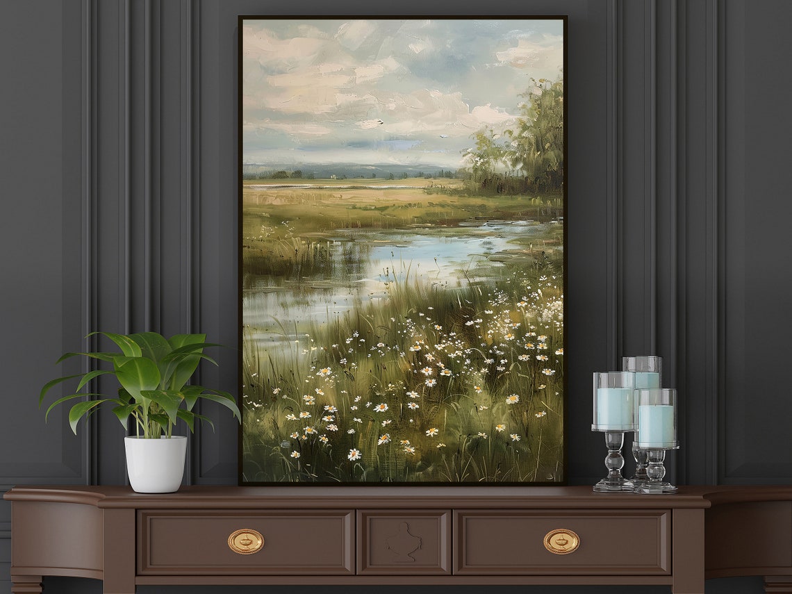Tranquil River Meadow With Daisies Calm Waters Landscape Art Poster - Image 5