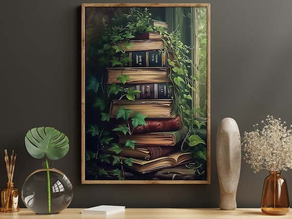 Stack Of Old Leather Books With Ivy Dark Academia Window Light Wall Poster