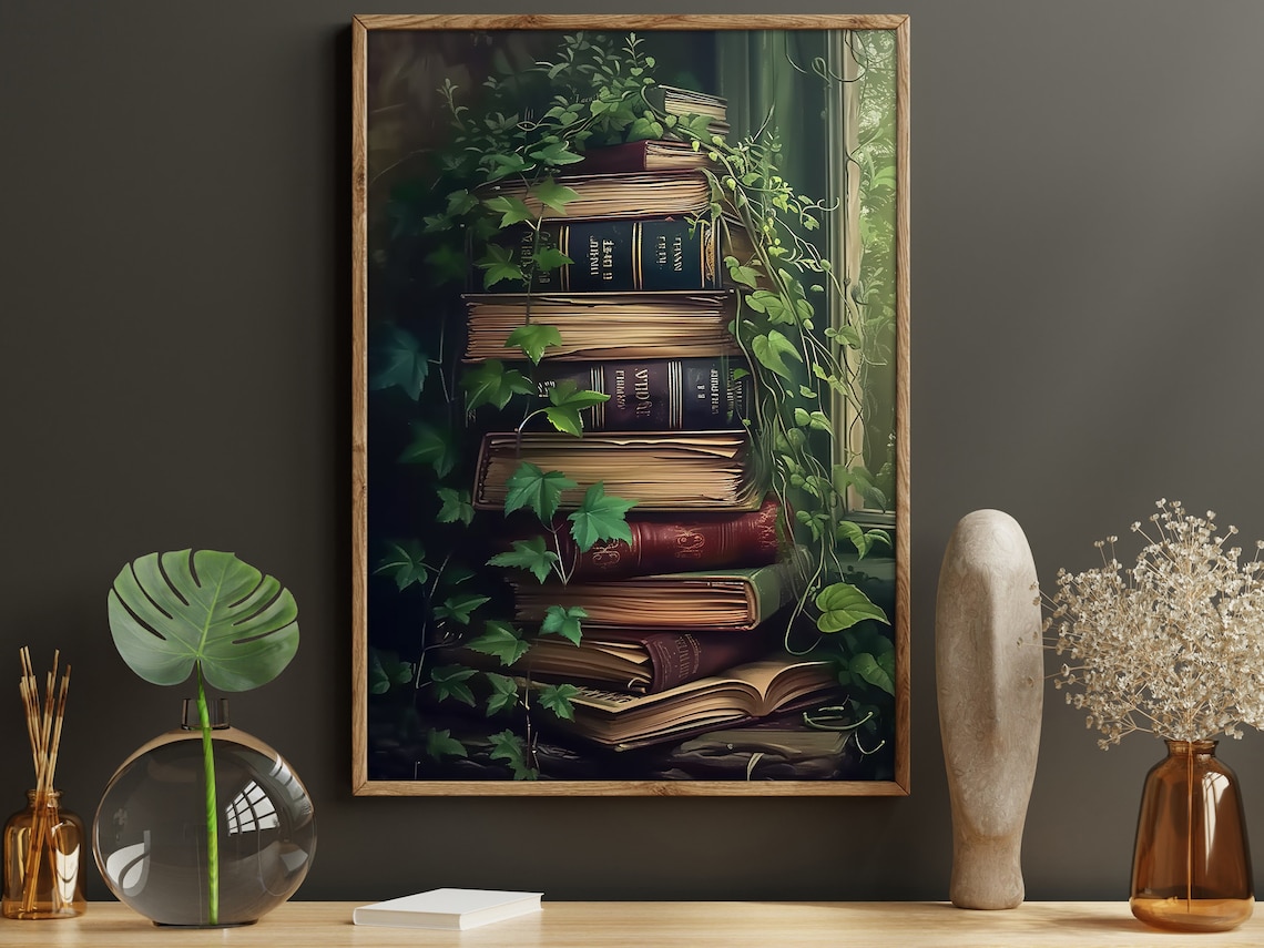 Stack Of Old Leather Books With Ivy Dark Academia Window Light Wall Poster
