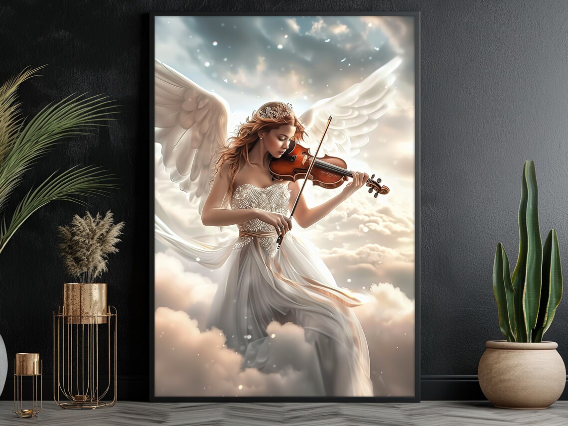 Angel Playing Violin Among Clouds Heavenly Music Fantasy Art Poster - Image 2