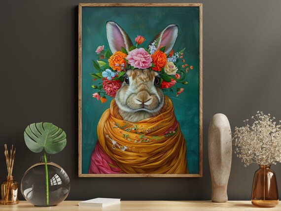 Rabbit With Flower Crown Golden Shawl Whimsical Floral Animal Poster