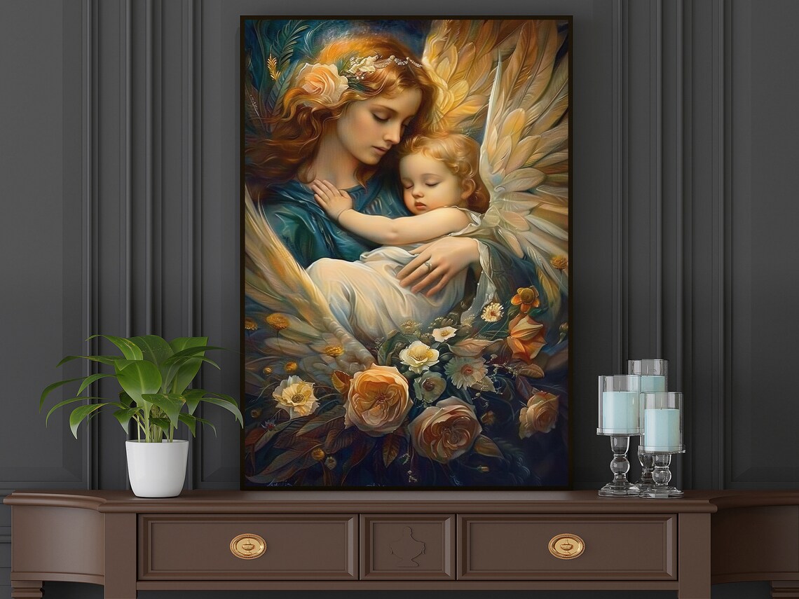 Guardian Angel Holding Sleeping Baby Golden Wings Floral Faith Poster - Image 5
