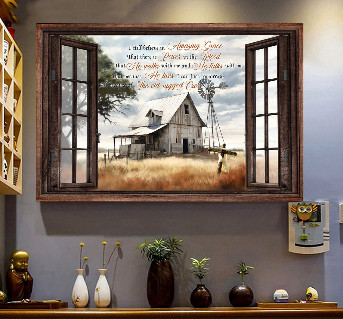 Amazing Grace Lyrics Open Window Old Barn Cross Golden Wheat Field Wall Art - Image 5