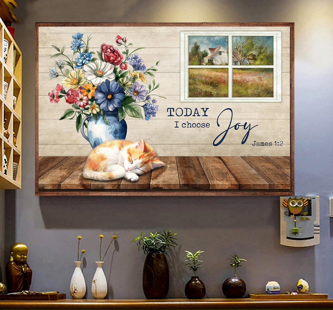 Today I Choose Joy James 1:2 Sleeping Kitten Flower Vase Faith Wall Poster - Image 4
