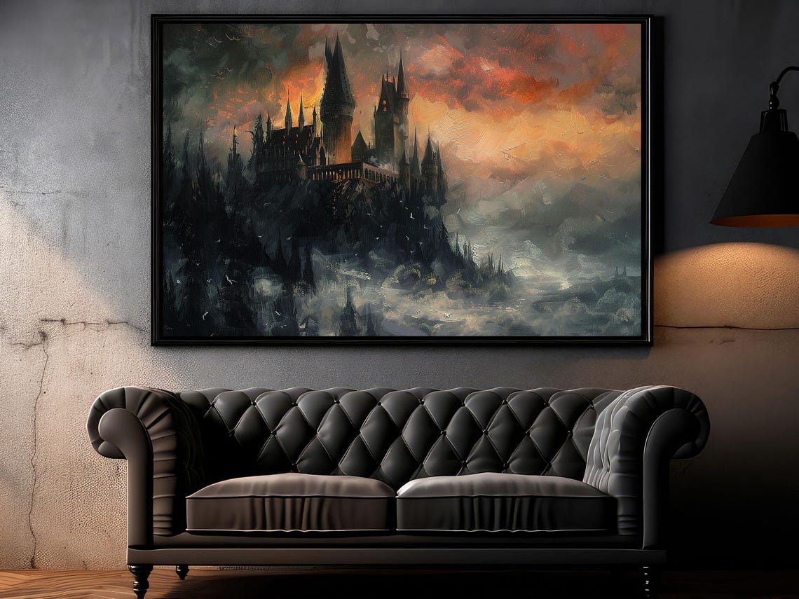 Dark Gothic Castle on Hill Under Fiery Sunset Sky Halloween Art Poster - Image 4