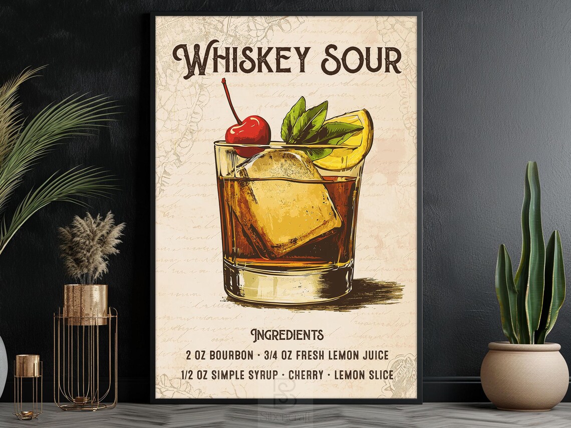 Vintage Whiskey Sour Cocktail Recipe Wall Art Bourbon Cherry Orange Poster - Image 5