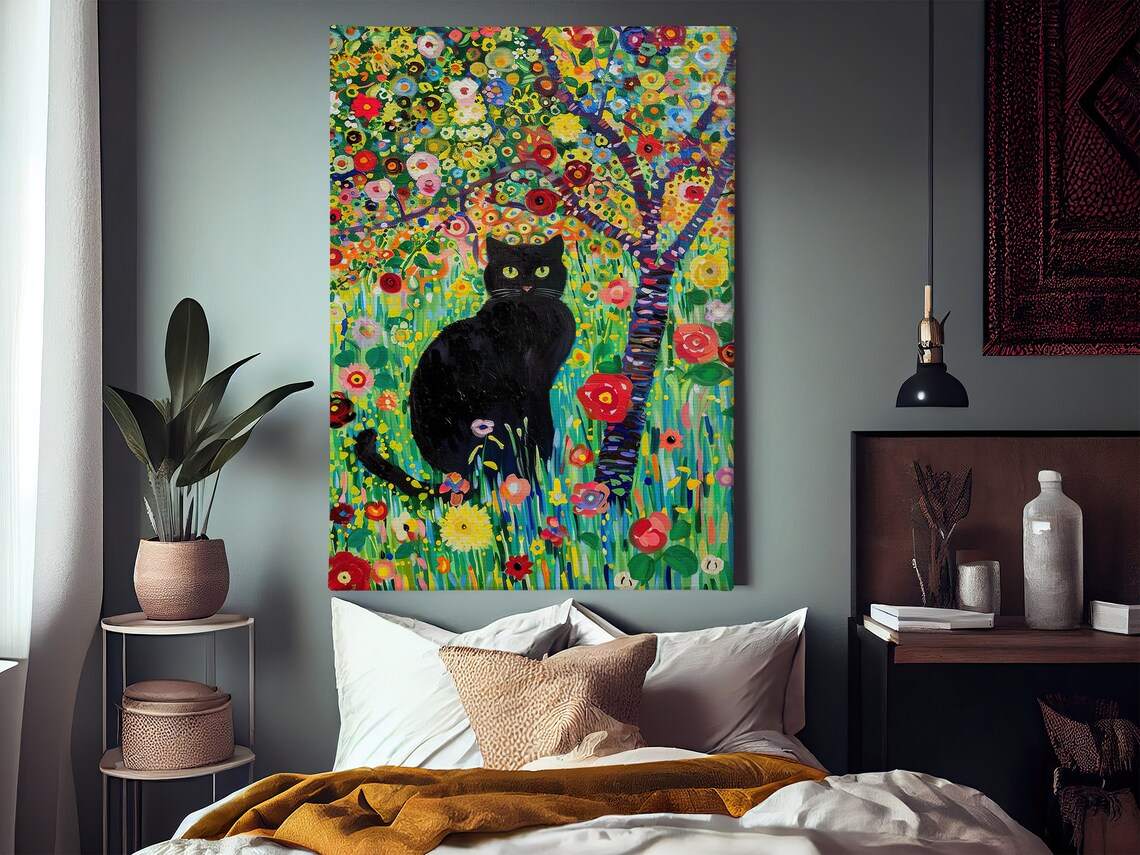 Vintage Black Cat in Flowers Garden, Cat Print - Image 2