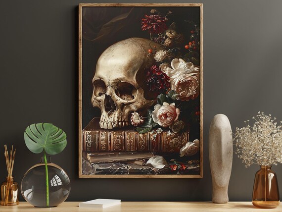 Vintage Skull Still Life with Roses on Antique Books Memento Mori Poster