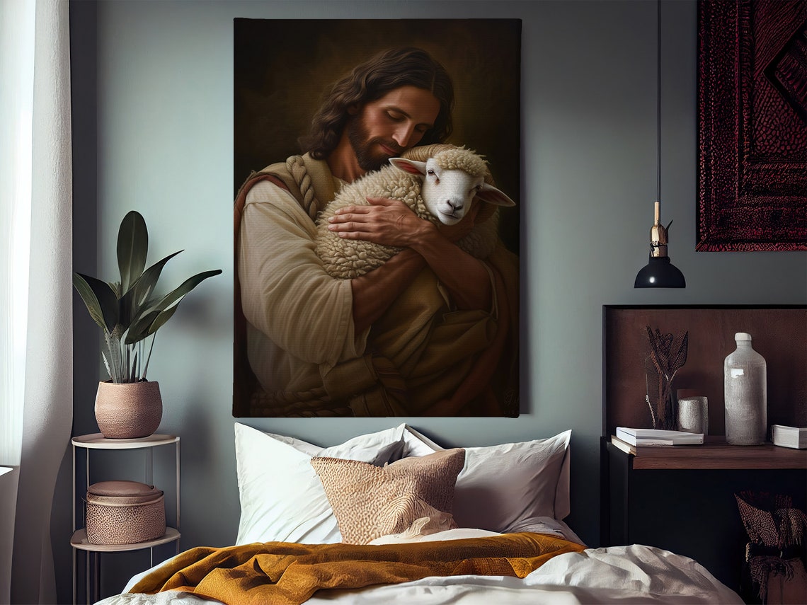 Jesus As Good Shepherd Embracing Lamb Devotional Faith Art Poster - Image 3