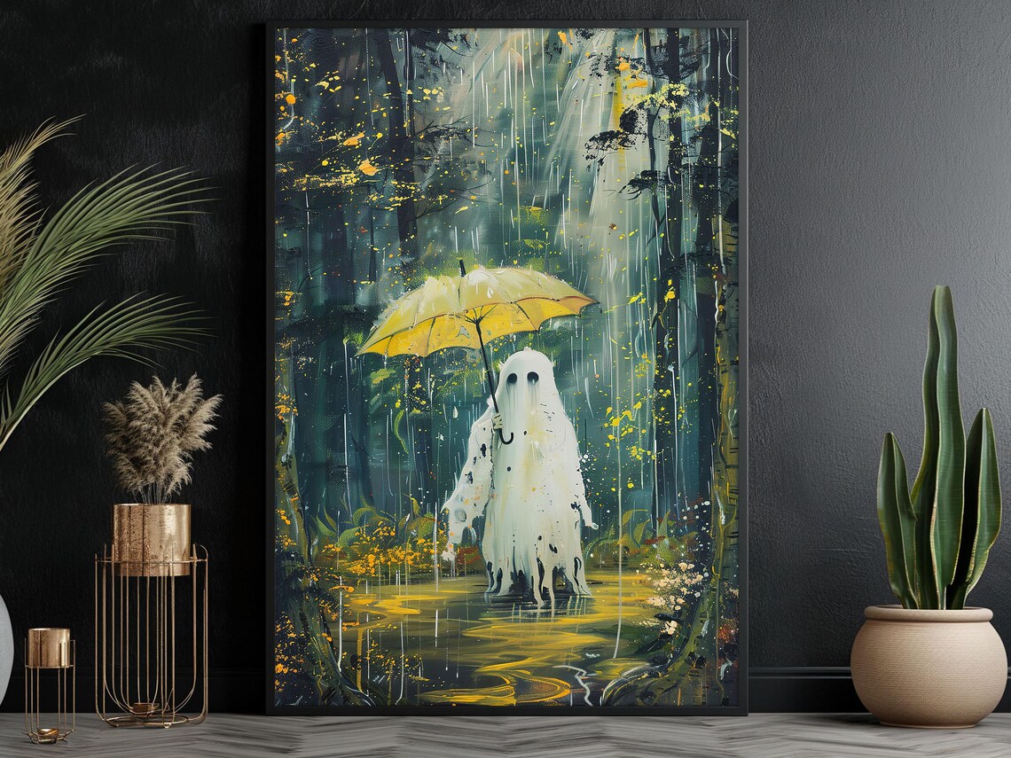 Whimsical Ghost Holding Yellow Umbrella in Rainy Forest Painting Poster - Image 6