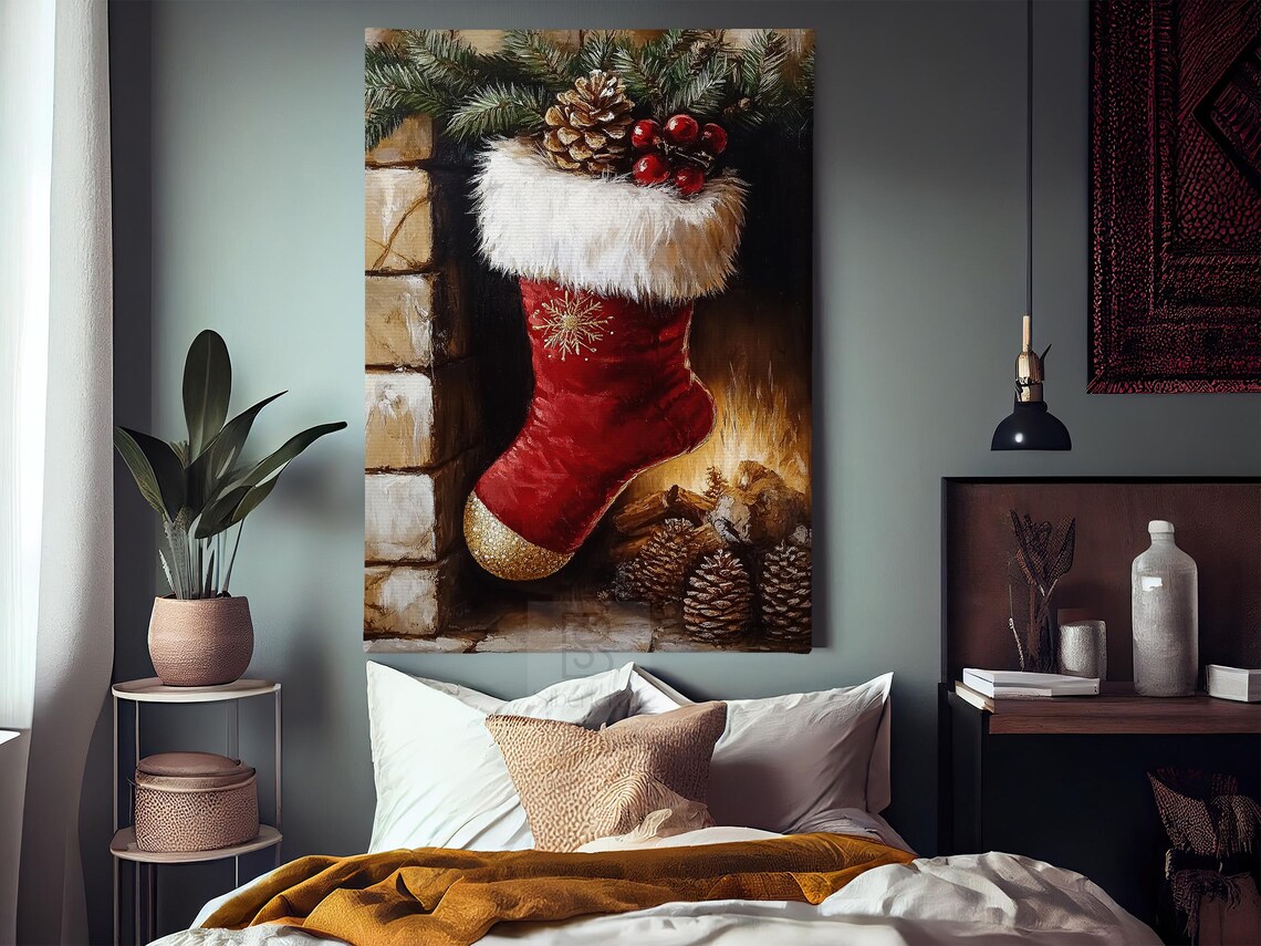 Cozy Christmas Stocking Painting, Fireplace Art Print - Image 3
