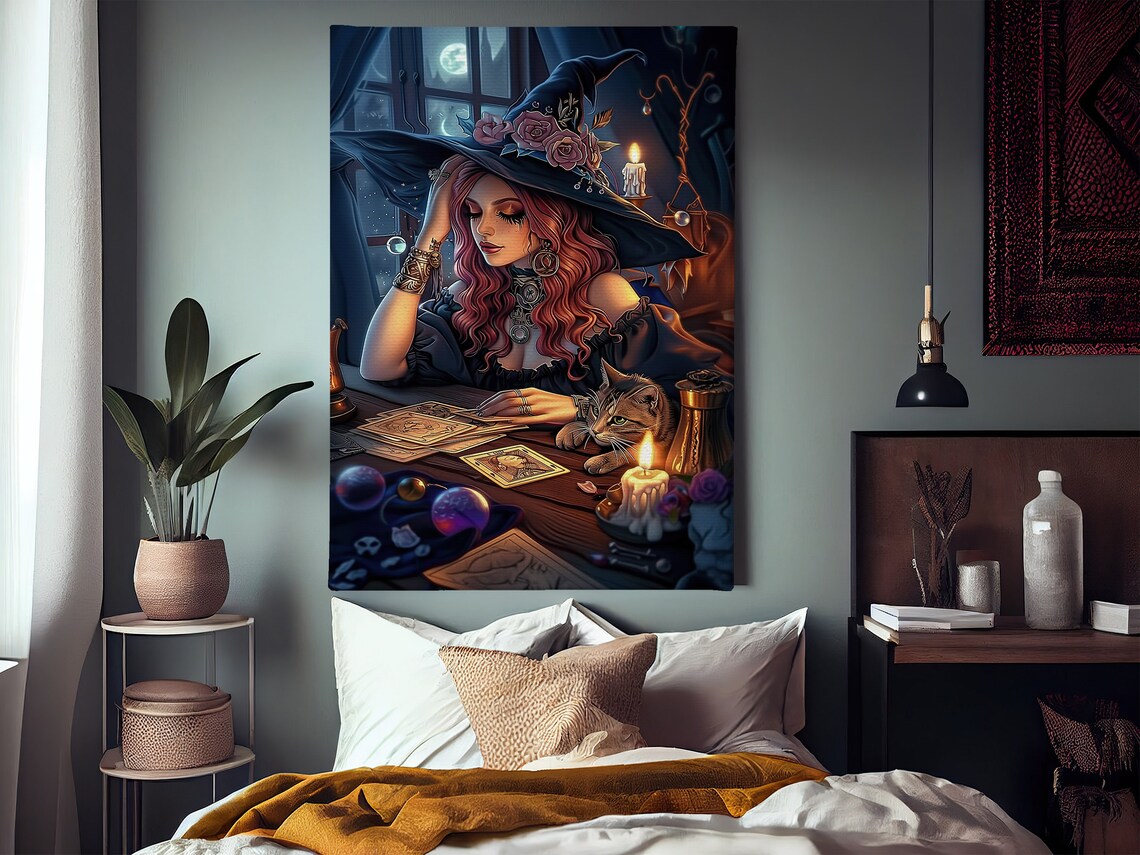 Witch And Cat Tarot Reading Candlelight Halloween Witchy Fantasy Poster - Image 2
