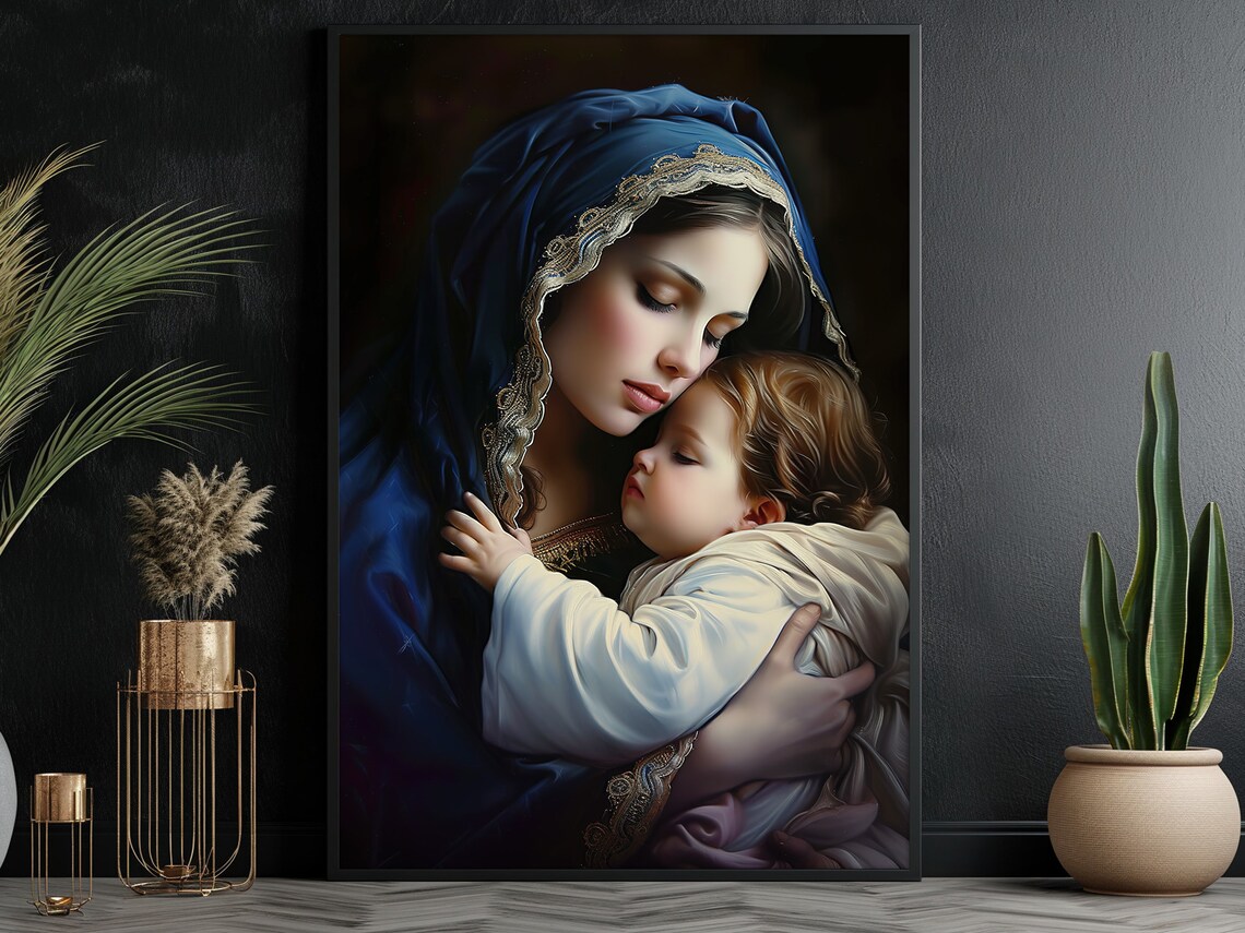 Virgin Mary Embracing Baby Jesus Blue Veil Devotional Art Poster