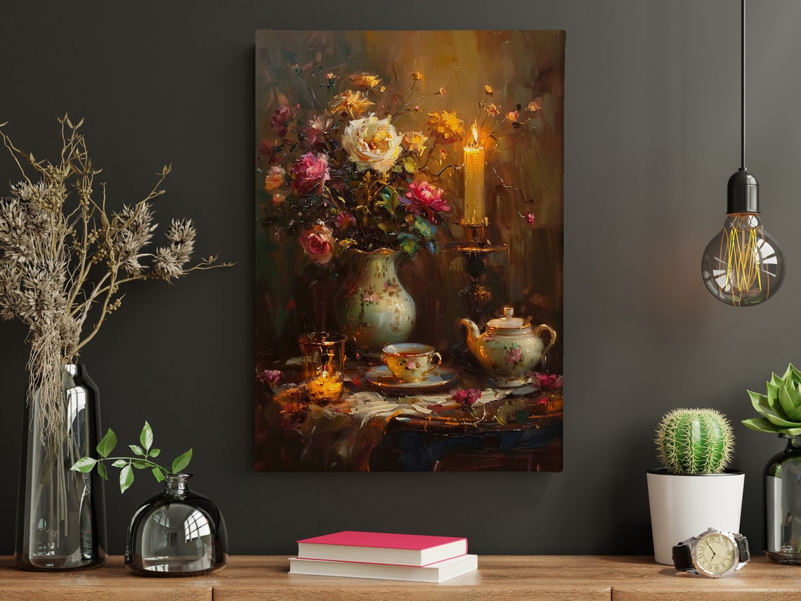 Vintage Flowers Vase And Teapot Oil Painting Flowers Vase Print Cottage Flowers Flowers Poster Flowers Wall Art - Image 4