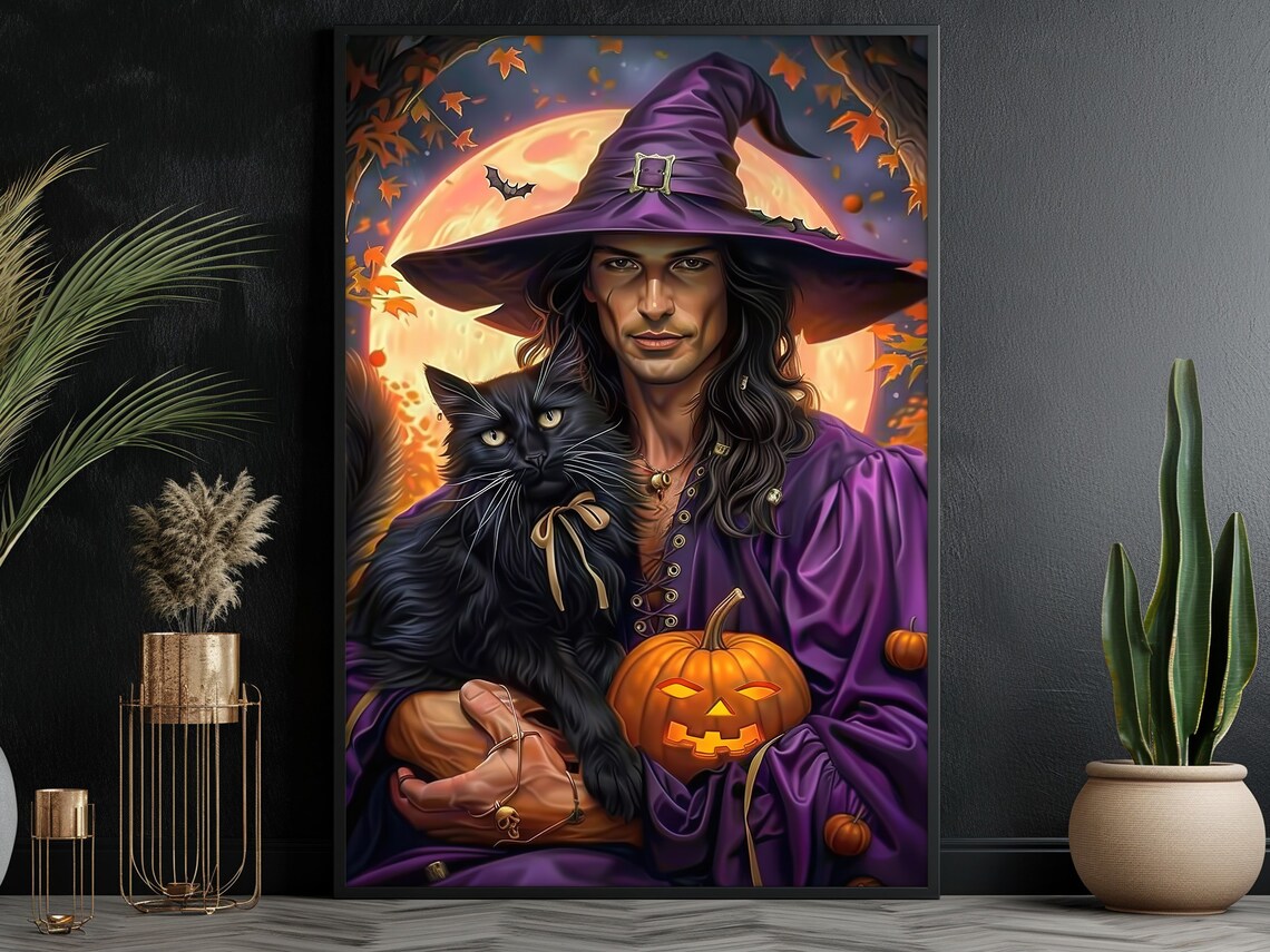 Male Witch Black Cat Pumpkin Harvest Moon Halloween Purple Robe Art Poster - Image 3