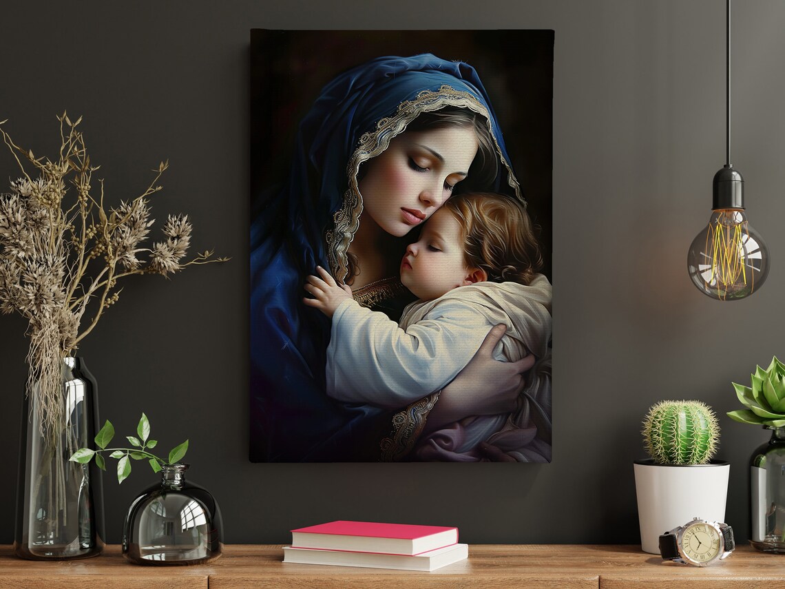 Virgin Mary Embracing Baby Jesus Blue Veil Devotional Art Poster - Image 4