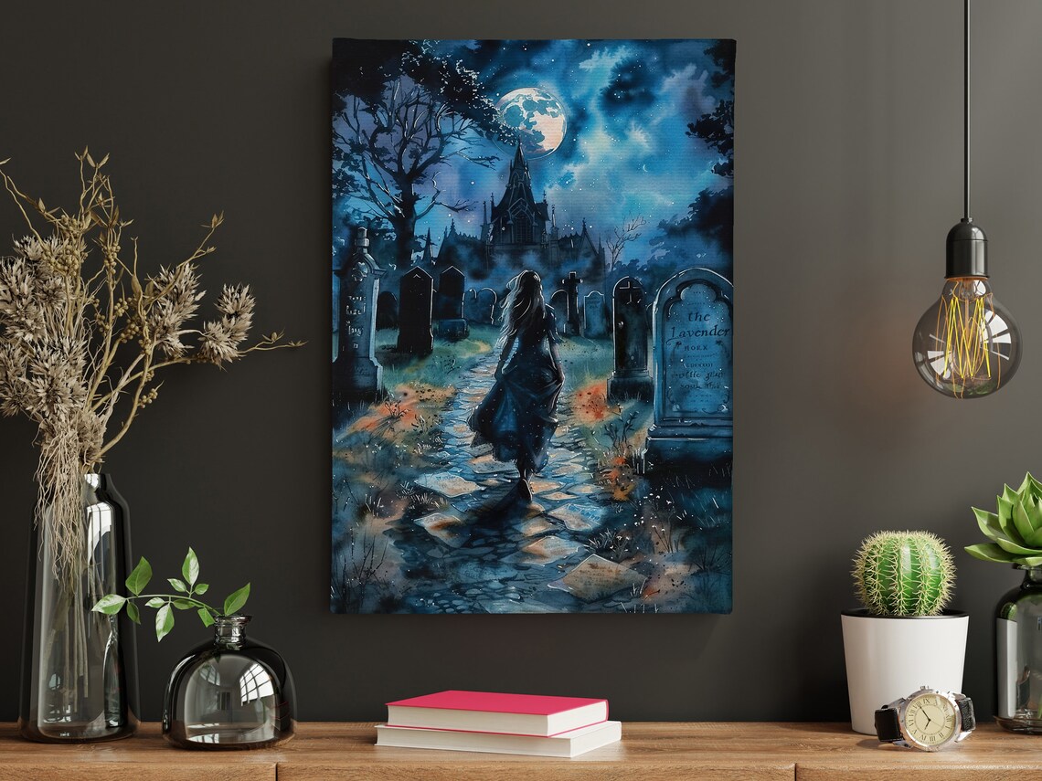 Moonlit Cemetery Witch Gothic Cathedral Blue Night Watercolor Spooky Poster - Image 4