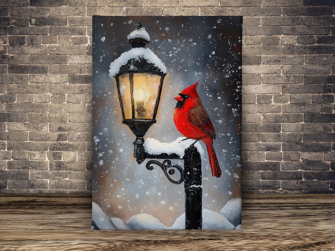 Red Cardinal Perched On Snowy Vintage Lamppost In Falling Snow Poster - Image 2