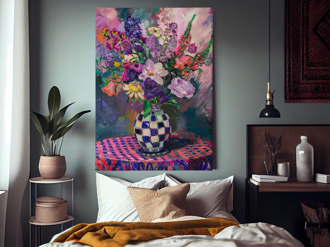 Vibrant Floral Bouquet In Checkered Vase Fauvist Still Life Art Poster - Image 2