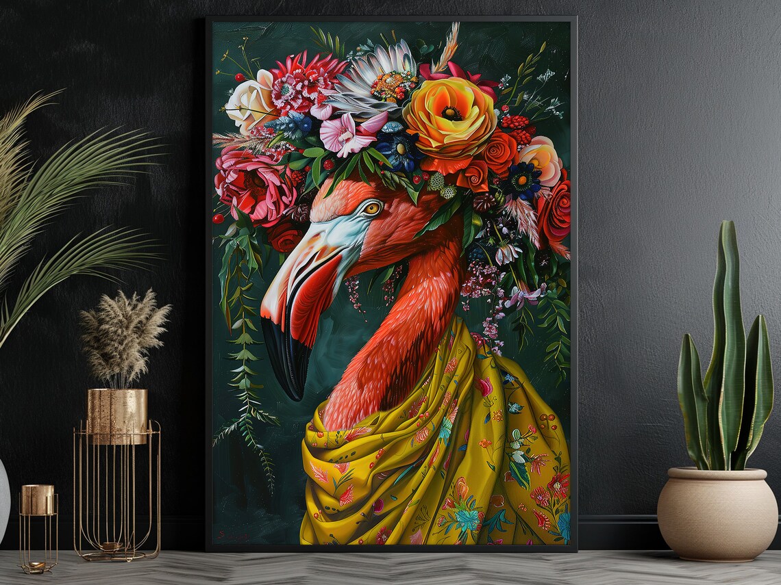 Pink Flamingo Flower Crown Floral Shawl Tropical Bird Art Poster