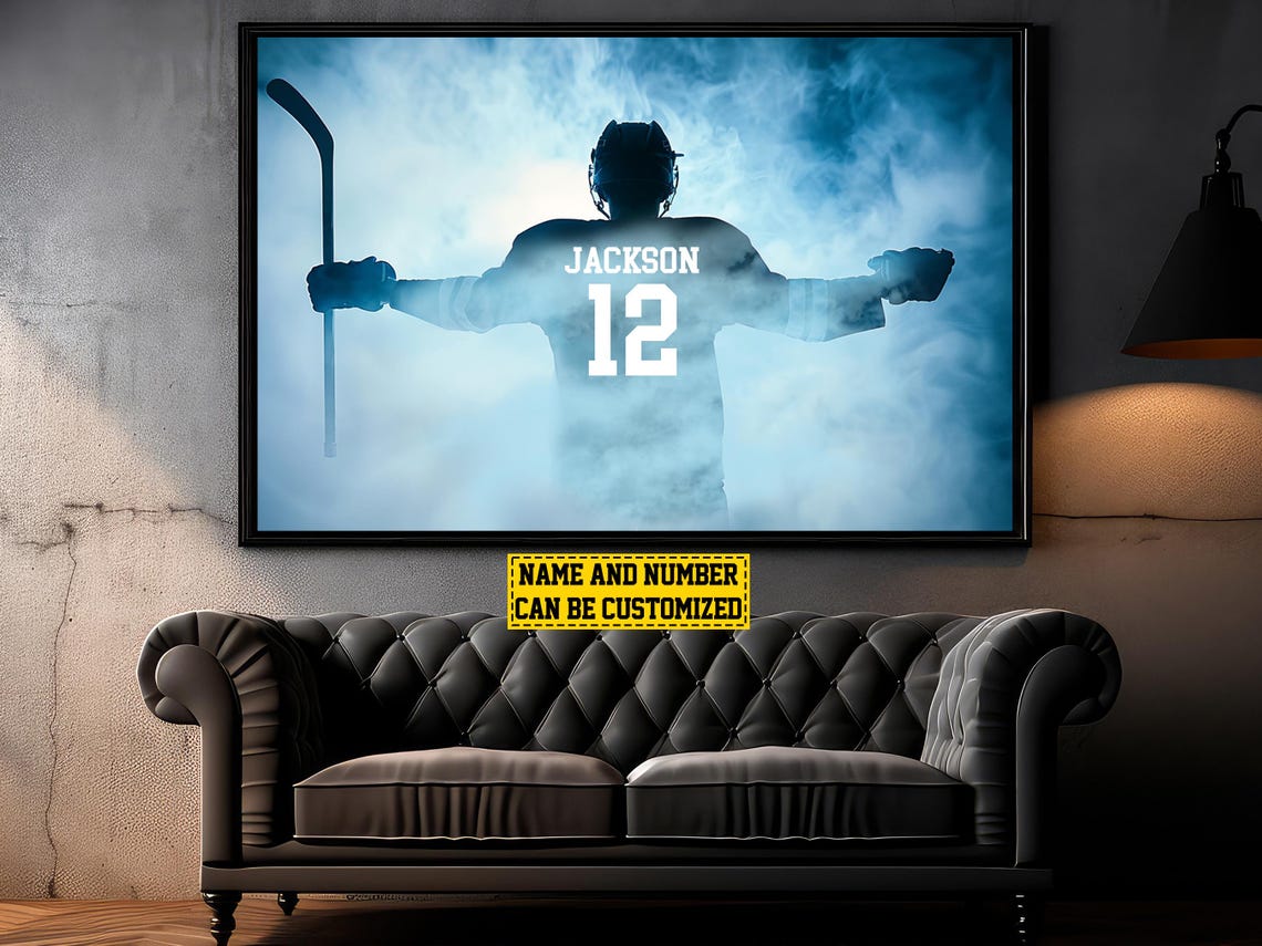 Personalized Victory Hockey Player Silhouette Blue Ice Custom Poster - Image 4