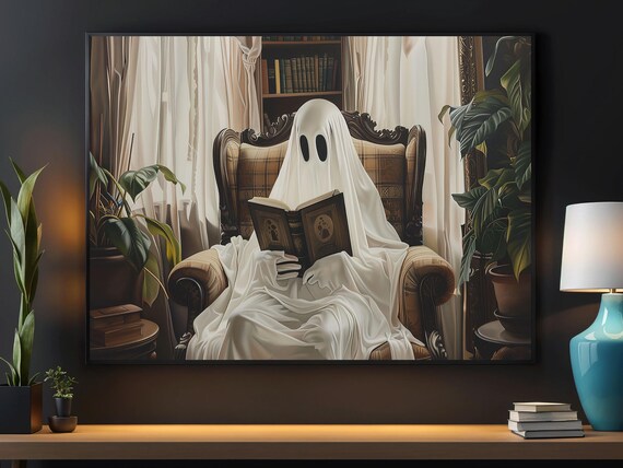Cozy Vintage Ghost Reading Book in Armchair Library Halloween Art Poster