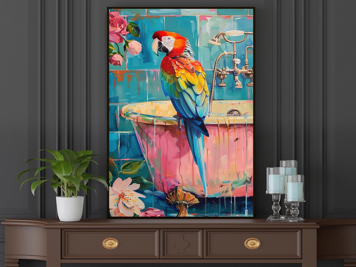 Scarlet Macaw Parrot On Pink Bathtub Tropical Bathroom Art Print - Image 5