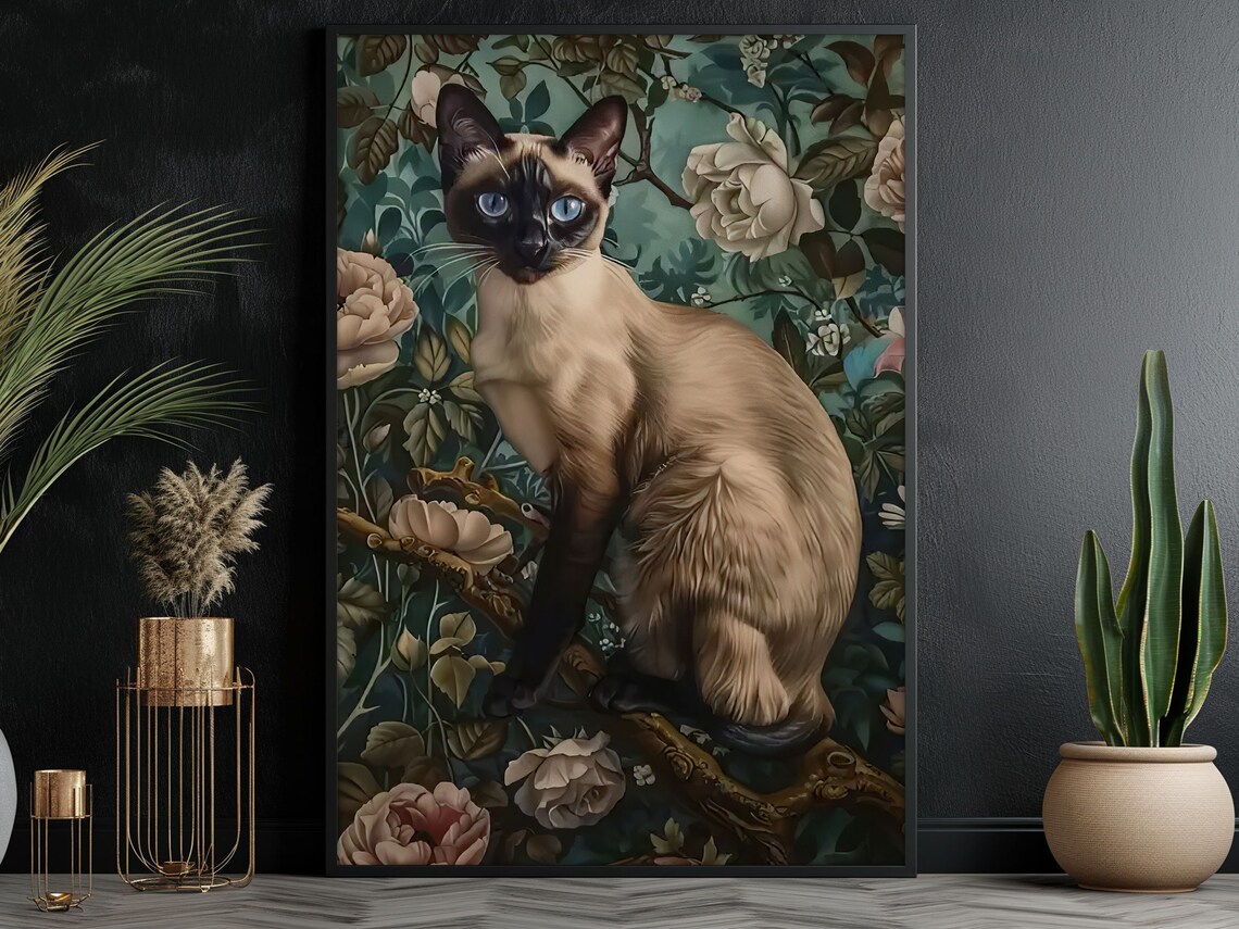 Siamese Cat On Branch Among Roses Dark Floral Pet Portrait Art Poster - Image 3
