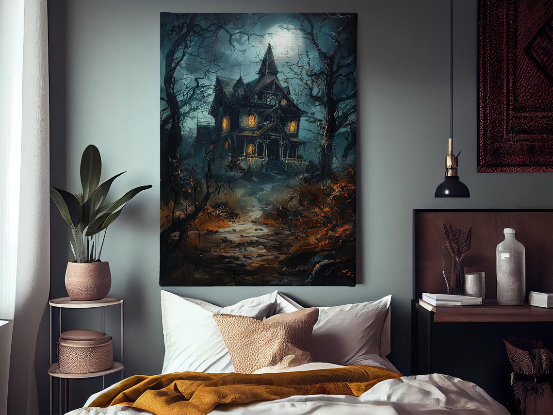 Haunted Victorian House At Night Moonlit Spooky Halloween Art Poster - Image 3