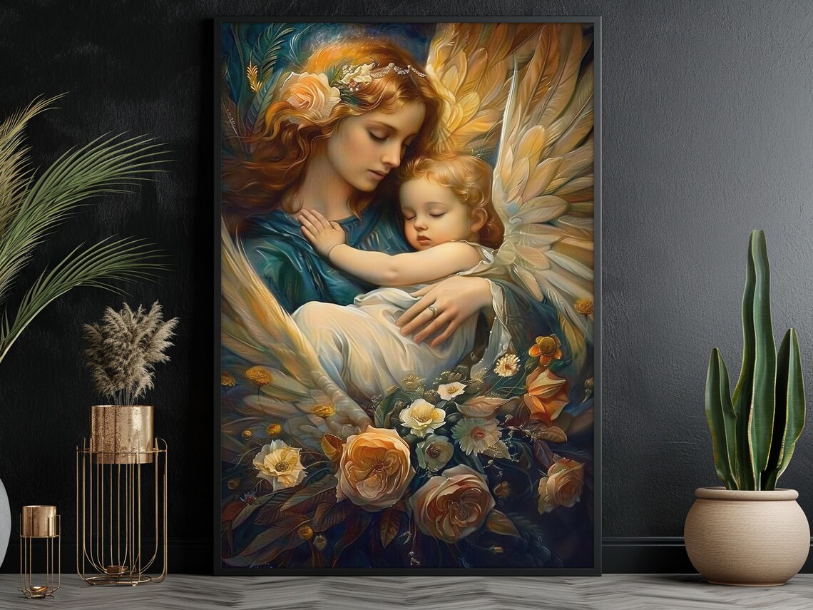 Guardian Angel Holding Sleeping Baby Golden Wings Floral Faith Poster - Image 2