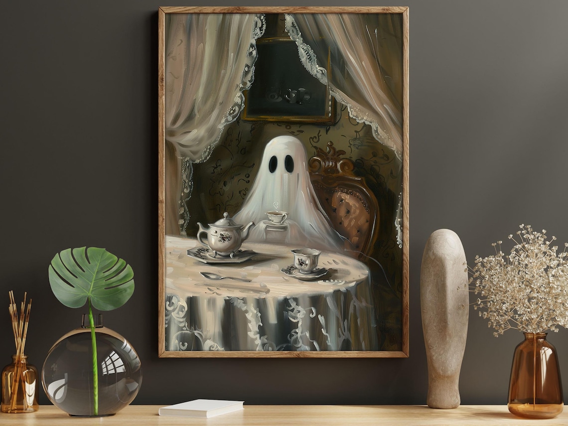 Cute Cottage Ghost Enjoying Tea at Victorian Table Halloween Poster