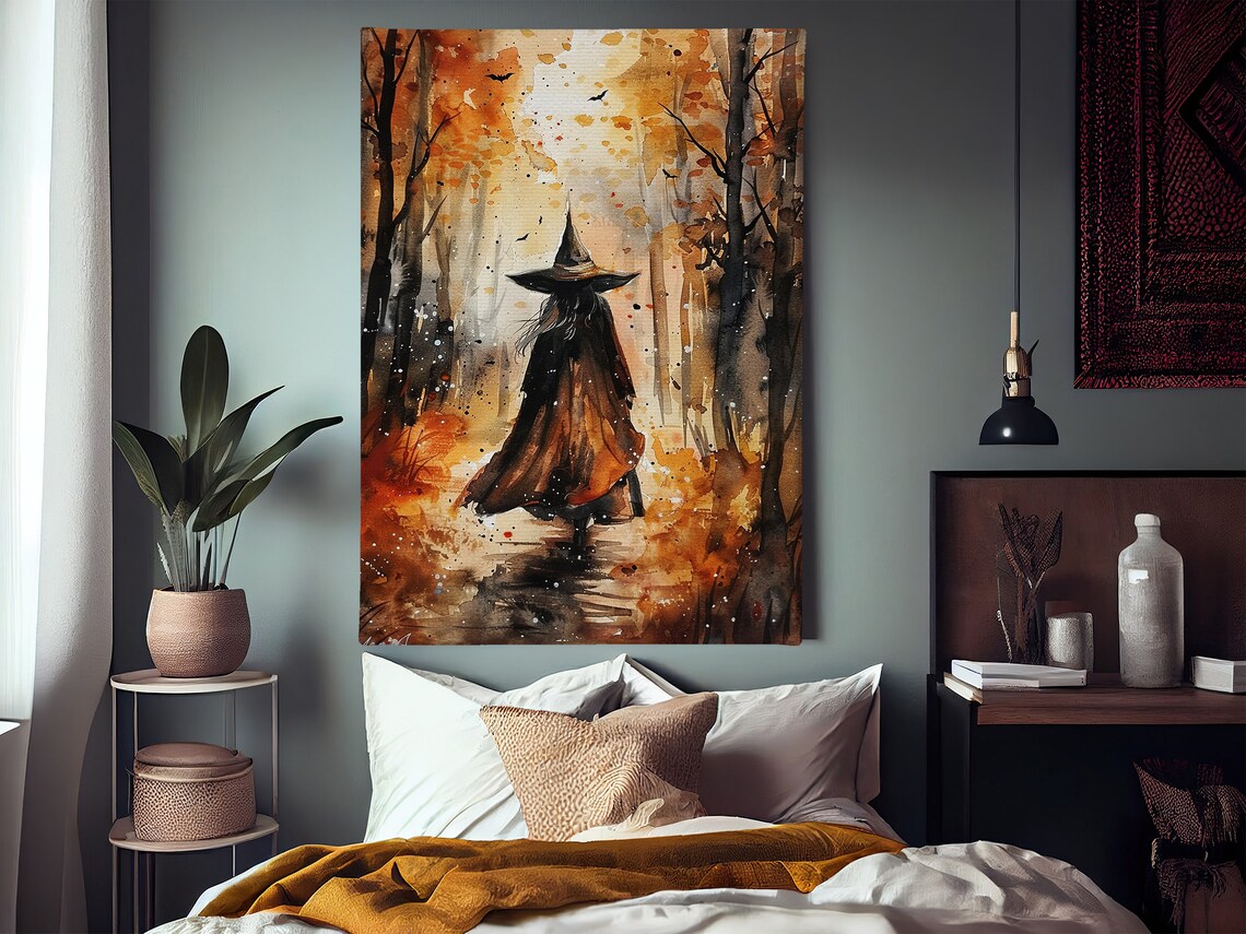 Witch Autumn Forest Watercolor Walking Woods Fall Leaves Halloween Art Poster - Image 2