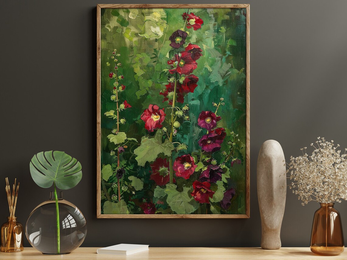 Red Hollyhocks Oil Painting Vintage Cottage Garden Floral Wall Poster